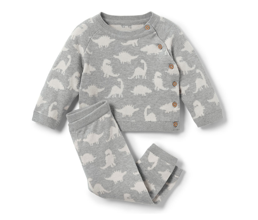Ensemble en maille pour bébé gris avec motif de dinosaures.