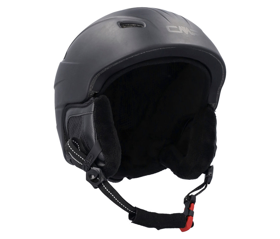 Casque de ski noir avec protège-oreilles et sangle réglable.