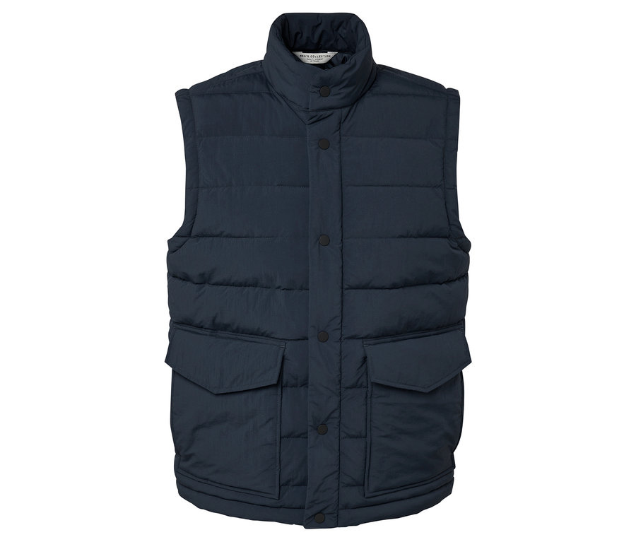 Un gilet matelassé bleu marine avec un col et des poches.