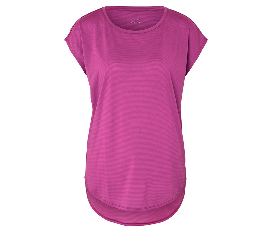 Un t-shirt de sport rose posé sur un fond blanc.