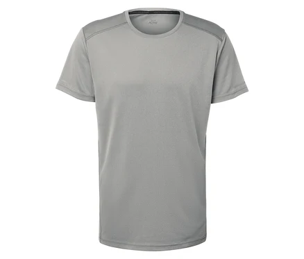 T-shirt gris à manches courtes sur fond blanc.