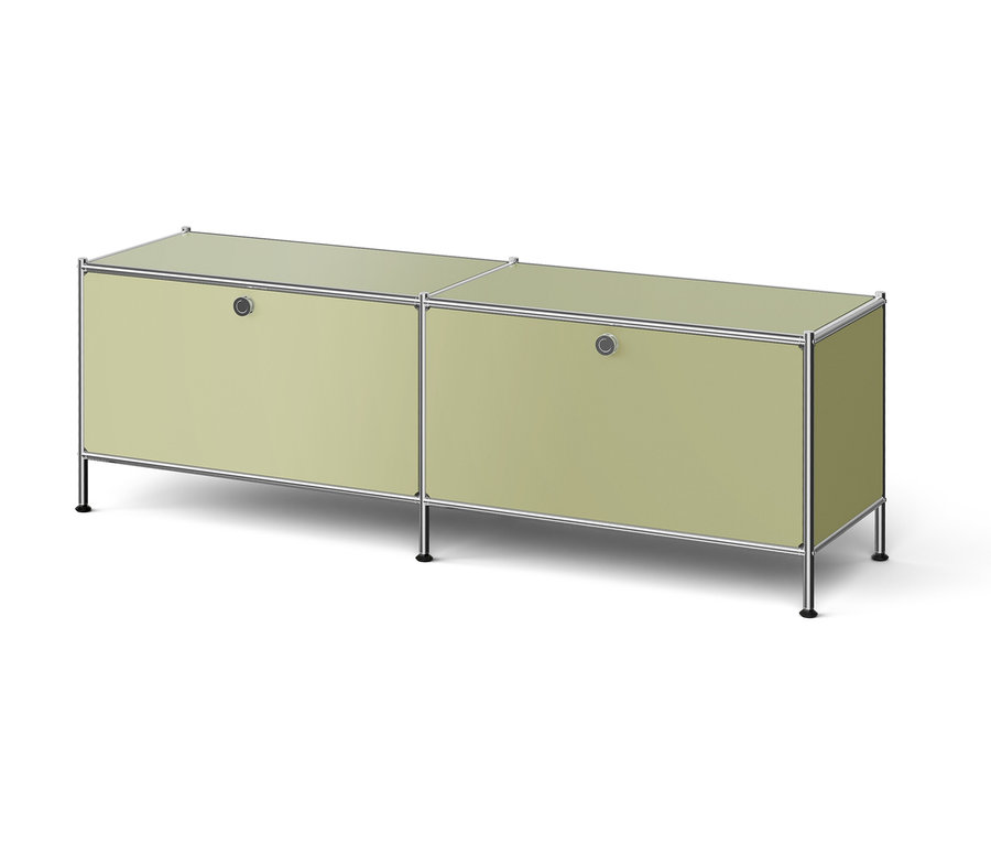 Meuble bas en deux parties vert clair avec cadre et pieds en métal.