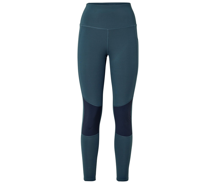Leggings bleu foncé avec des panneaux plus foncés aux genoux.