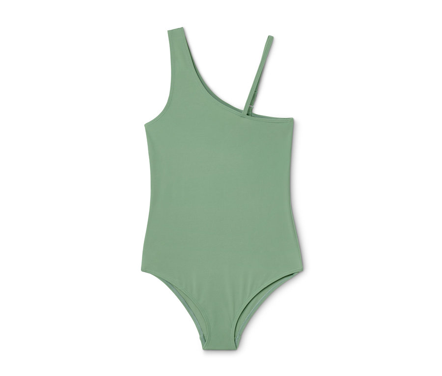 Maillot de bain pour enfant vert avec une bretelle.