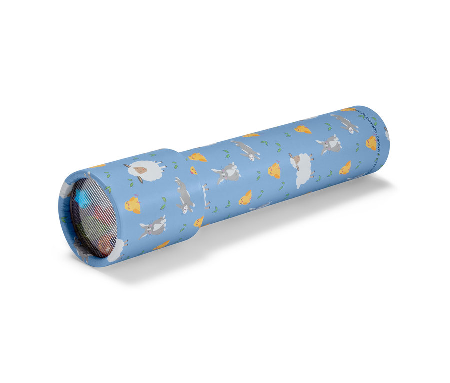Caléidoscope bleu avec des motifs de moutons, de lapins et de fromage.