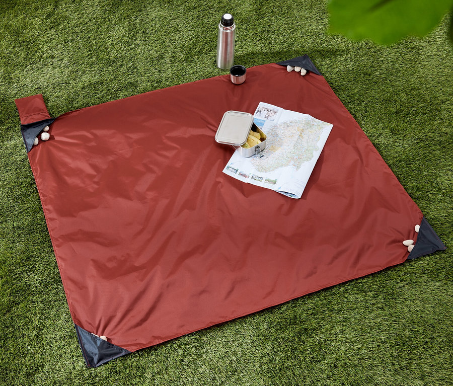 Sur l'herbe verte se trouve une mini-couverture de pique-nique avec une carte et une collation. Une bouteille thermos et une tasse sont à côté.