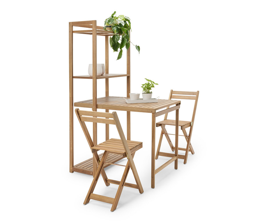 Ensemble de repas de balcon »Lenja« avec étagère avec deux chaises et plantes.