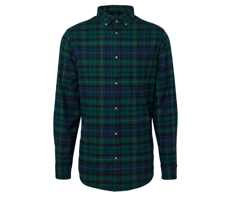 Chemise en flanelle à carreaux vert et bleu marine, boutonnée.