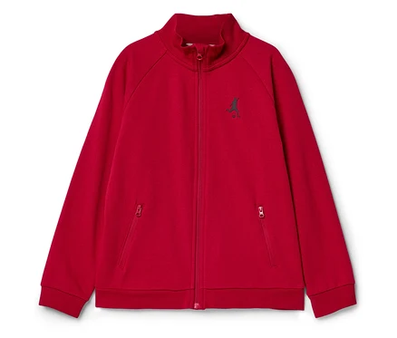 Veste de survêtement rouge zippée avec un petit logo sur la poitrine.