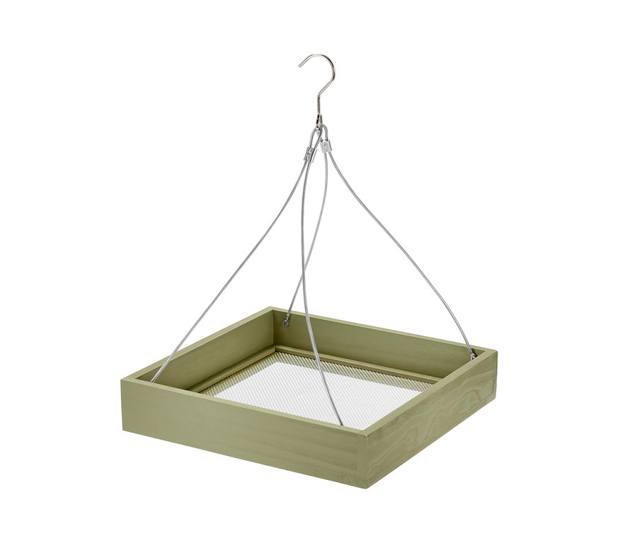 Mangeoire à oiseaux verte avec crochet et fils argentés.