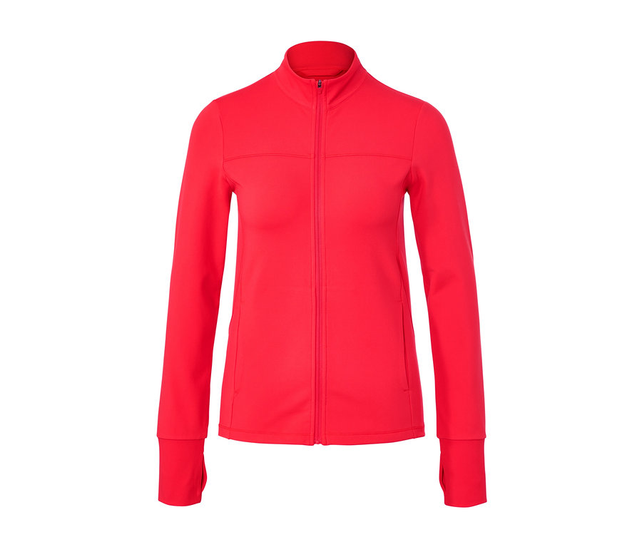 Veste de sport rouge avec fermeture éclair au milieu.