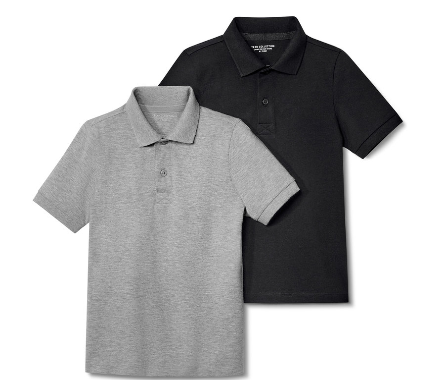 Deux polos pour enfant en piqué de coton, un gris et un noir, superposés.