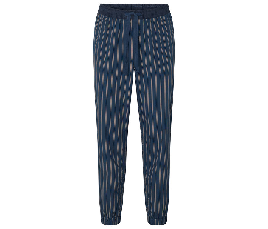 Pantalon bleu rayé avec cordon de serrage.