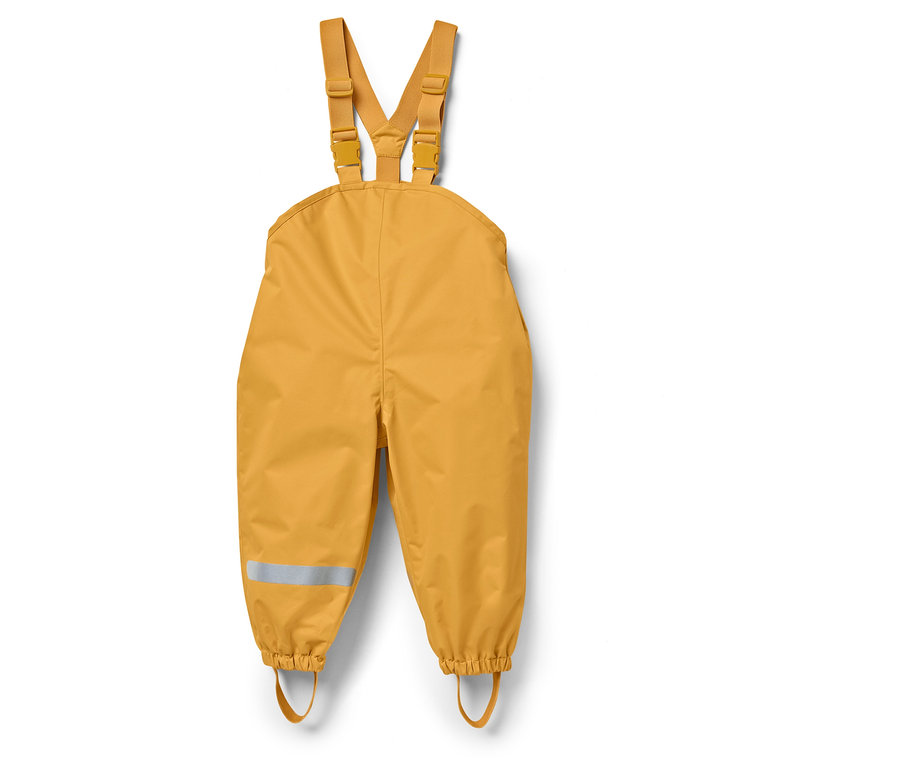Pantalon de pluie jaune pour enfant avec bretelles et éléments réfléchissants.