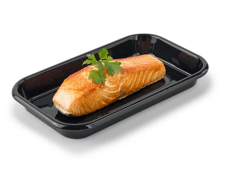 Un morceau de saumon avec un brin de persil dans un plat noir.
