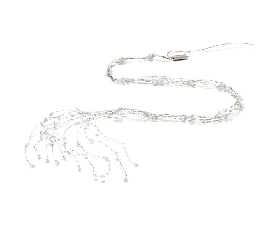 Queue lumineuse à LED en forme de serpent avec des étoiles sur fond blanc.