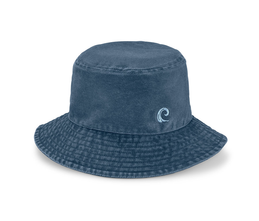 Chapeau de pêcheur enfant bleu avec motif de vagues.