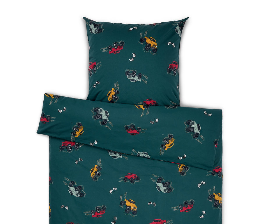 Literie verte imprimée avec des voitures.