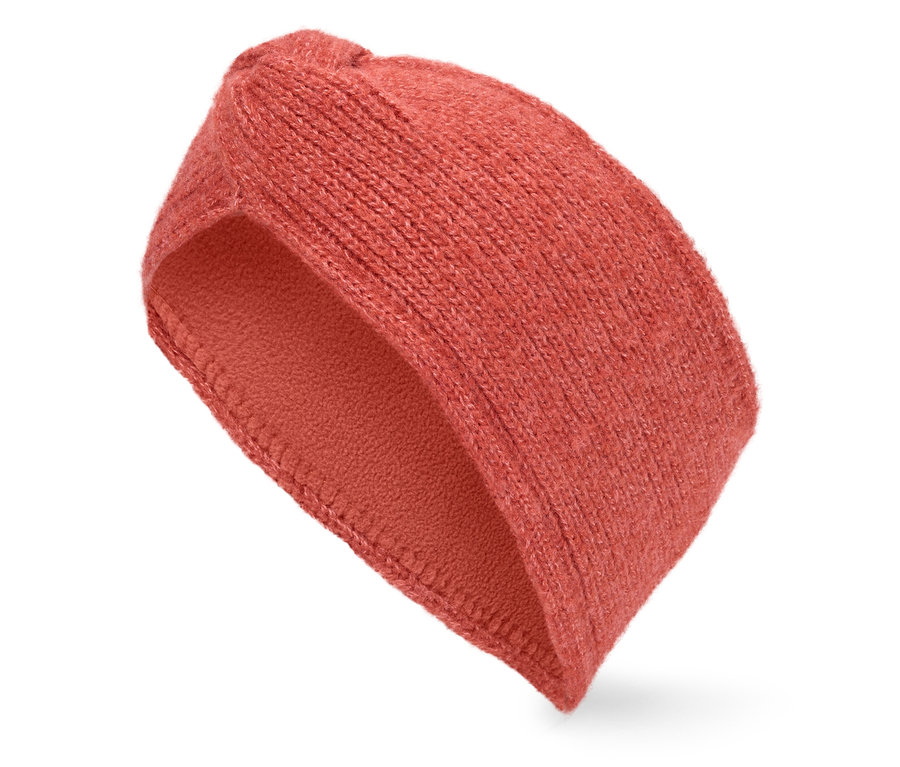 Bandeau tricoté orange sur fond blanc.