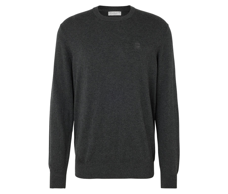 Pull en tricot gris foncé à manches longues et col rond.