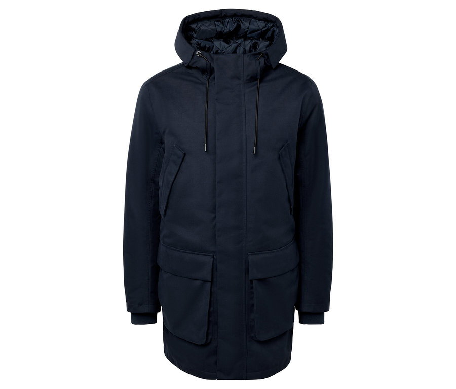 Parka bleu marine à capuche et poches.