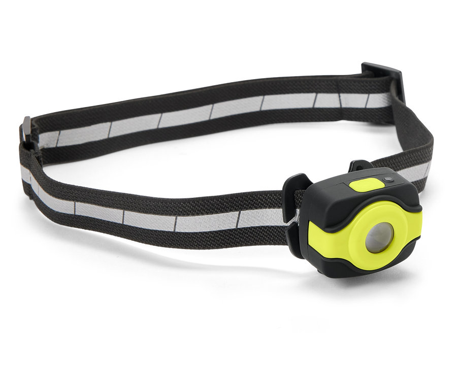 Lampe frontale avec un bandeau rayé noir et gris et une lumière jaune et noire.