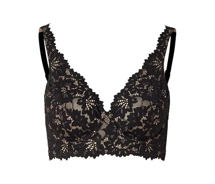 Soutien-gorge noir en dentelle avec décolleté en V et bretelles noires sur fond blanc.