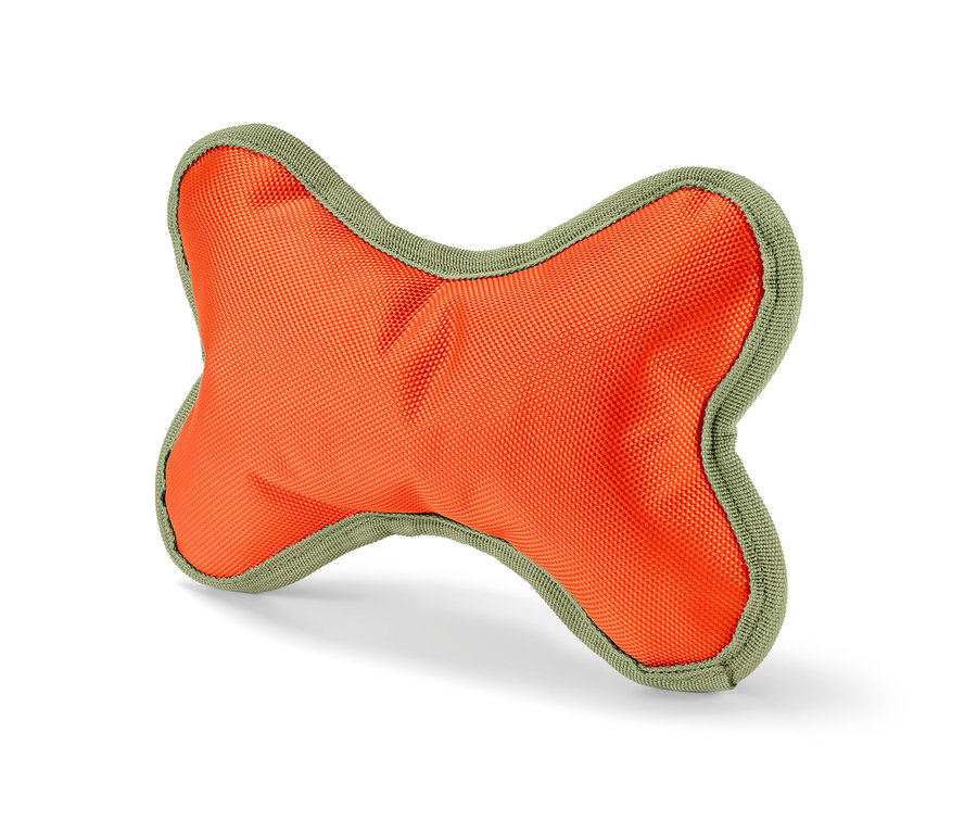 Jouet orange pour chien en forme d'os avec une bordure vert olive.