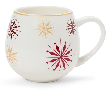 Tasse blanche avec des flocons de neige rouges et dorés.