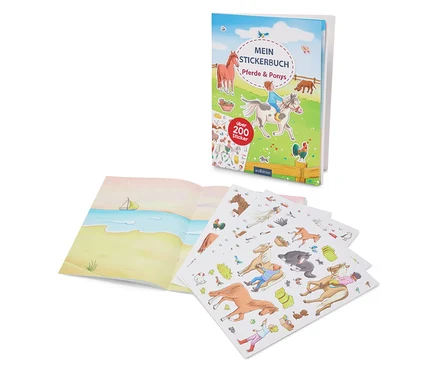 Livre d'autocollants ouvert « Chevaux et poneys » et feuilles d'autocollants avec divers autocollants de chevaux et de poneys.