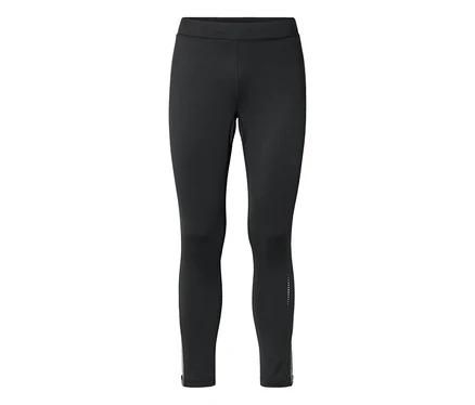 Legging noir long avec taille élastique, fermetures éclair aux chevilles et motif de points réfléchissants sur le bas de la jambe droite.